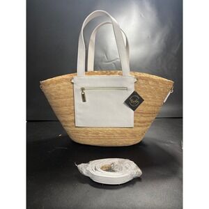 Del Rio Sustainable‎ Woven Straw Tote Bag White Vegan Leather Trim New With Tags